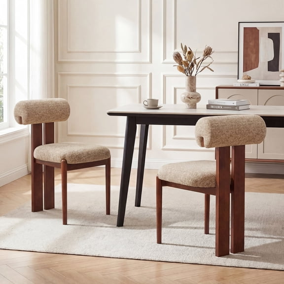 AFO Upholstered Modern Dining Chair with Roll Backrest & Wooden Legs, Kitchen Desk Side Chair for Dining Room and Restaurant, Set of 2, Camel