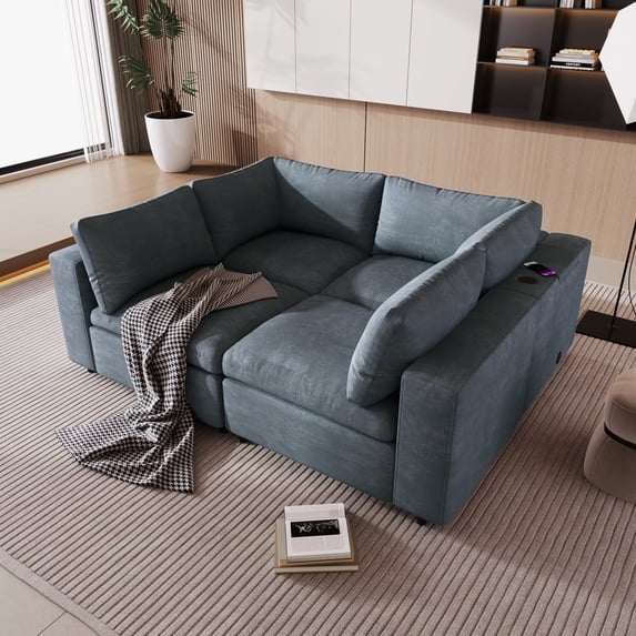 Upholstered Modular Sofa with USB Charge Ports, Cosymart Wireless Charging and Built-in Bluetooth Speaker in Arm,Sectional Sofa for Living Room Apartment(4-Seater)