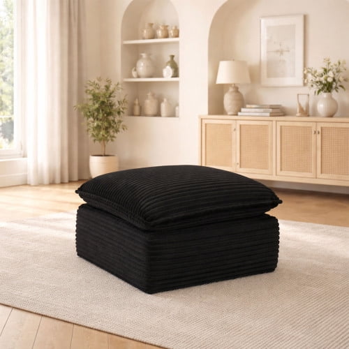 Upholstered Modular Square Compression Ottoman, 30.7" Square x 15.7" H, 3-in-1 Footrest, Seat & Side Table, Black