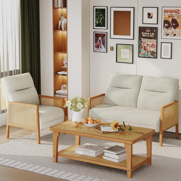 Upholstered Natural Rattan Living Room Furniture Set Accent Chair Armchair,Modern Loveseat Slipper Club Chair Guest Reception Couch Comfy Single Sofa Couch for Reading Bedroom-Ivory(1Loveseat+1Chair)