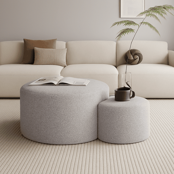 Upholstered Nesting Coffee Tables (Set of 2), Side Table, Footrest, Ottoman & Seat for Living Room Bedroom Entryway Office, Beige Yarn Dyed Fabric