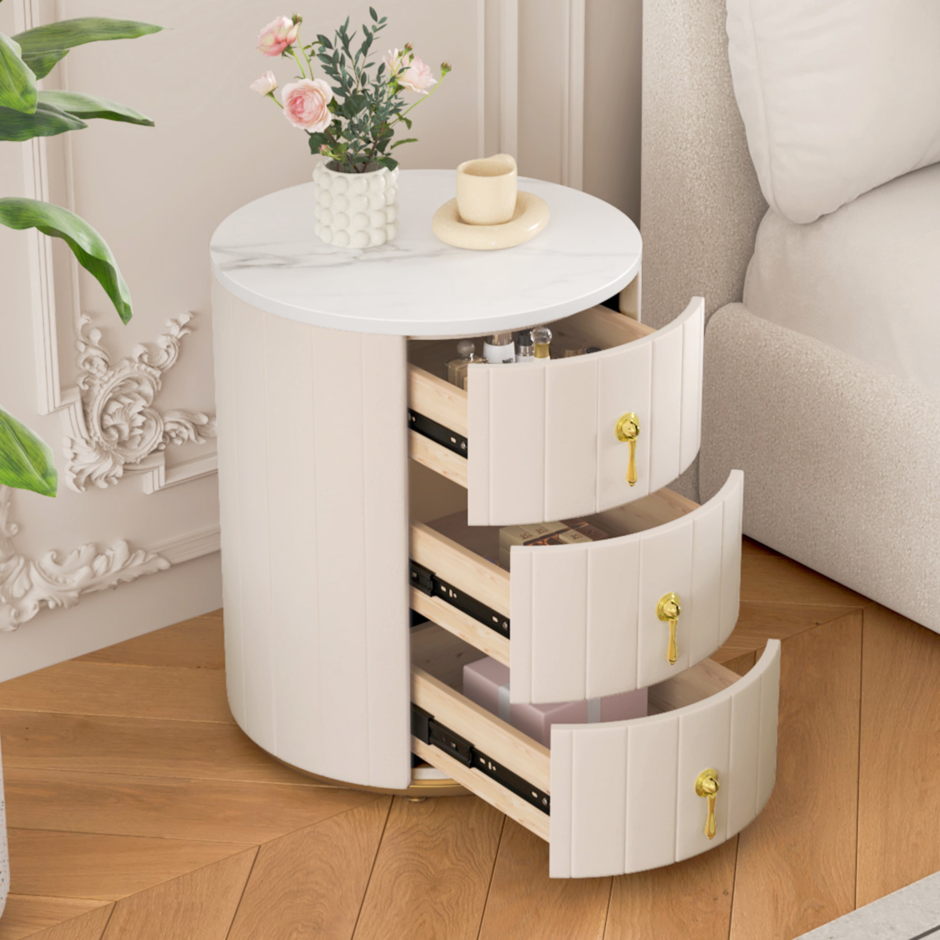 Upholstered Nightstand with 3 Drawers, Round Bedside Table with Metal ...