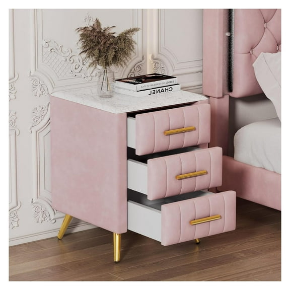 Upholstered Nightstand with Faux Marbling Top, Modern Velvet Bedside Table with 3 Drawers, Velvet End Table with Golden Legs for Bedroom, Living Room (Pink)