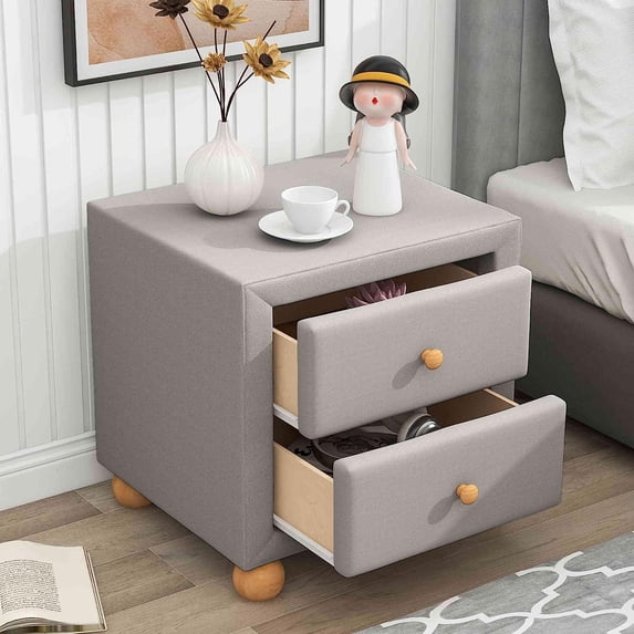 Upholstered Nightstand with 2 Drawers and Storage for Bedroom/Living Room/Home, Modern Style, Light Gray