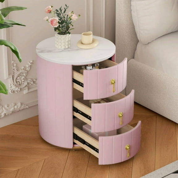 Upholstered Nightstand with 3 Drawers, Round Bedside Table with Metal Handles,Marbling Stickers Top Night Table for Bedroom
