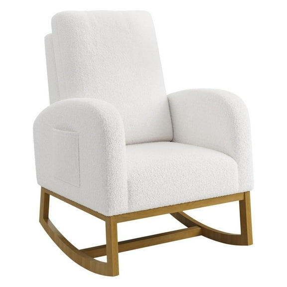 Upholstered Nursery Accent Chair with Wood Legs & Side Pockets, High Back Rocking Chair Leather Glider Chair for Living Room, Bedroom, Nursery Room, 26.77" x 37.8" x 39.76"