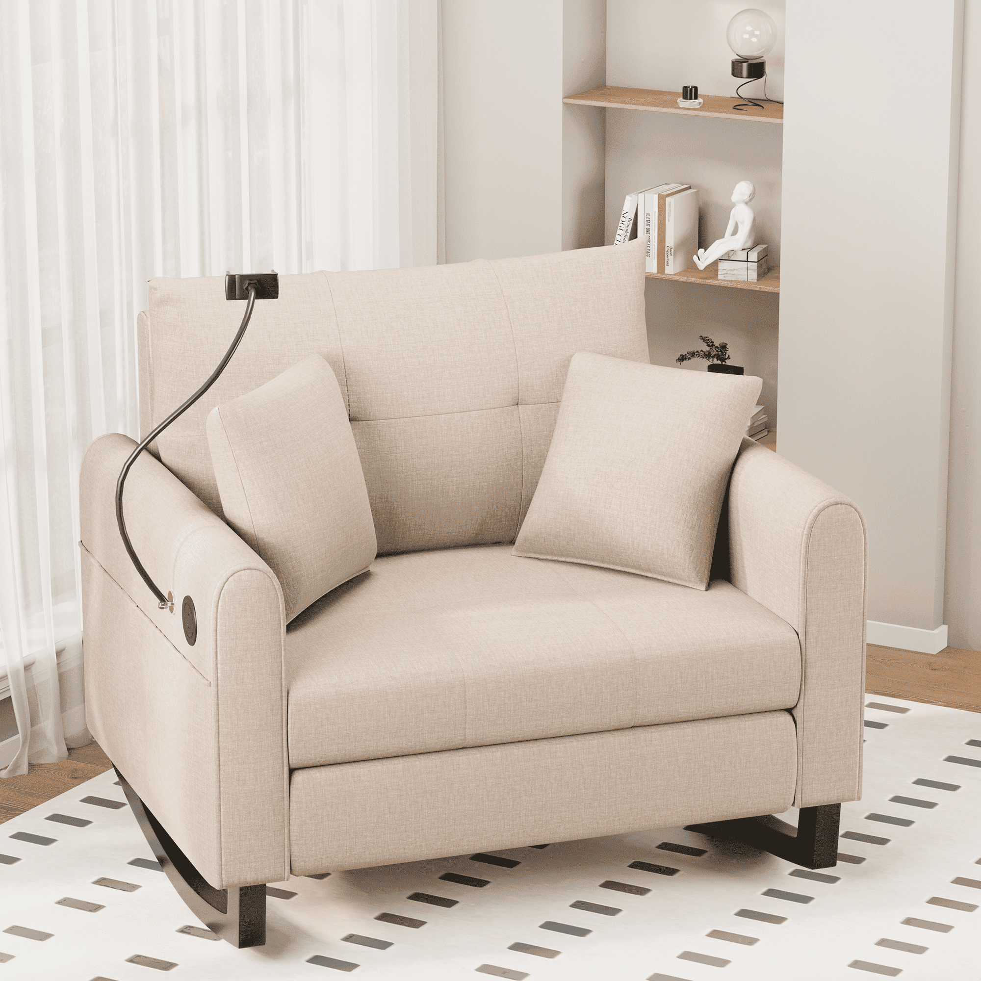 HOMREST Adult Double Wide Rocker Glider with Phone Handle and USB, Beige