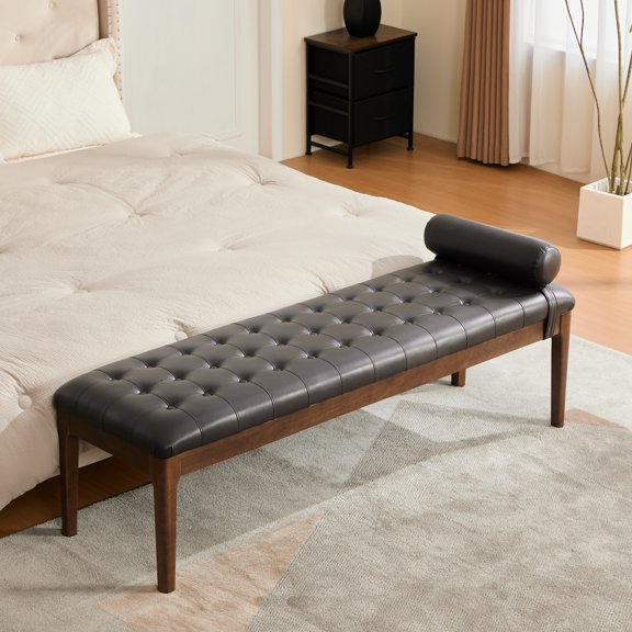 Upholstered Ottoman, 66" Walnut Leather, for Living Room