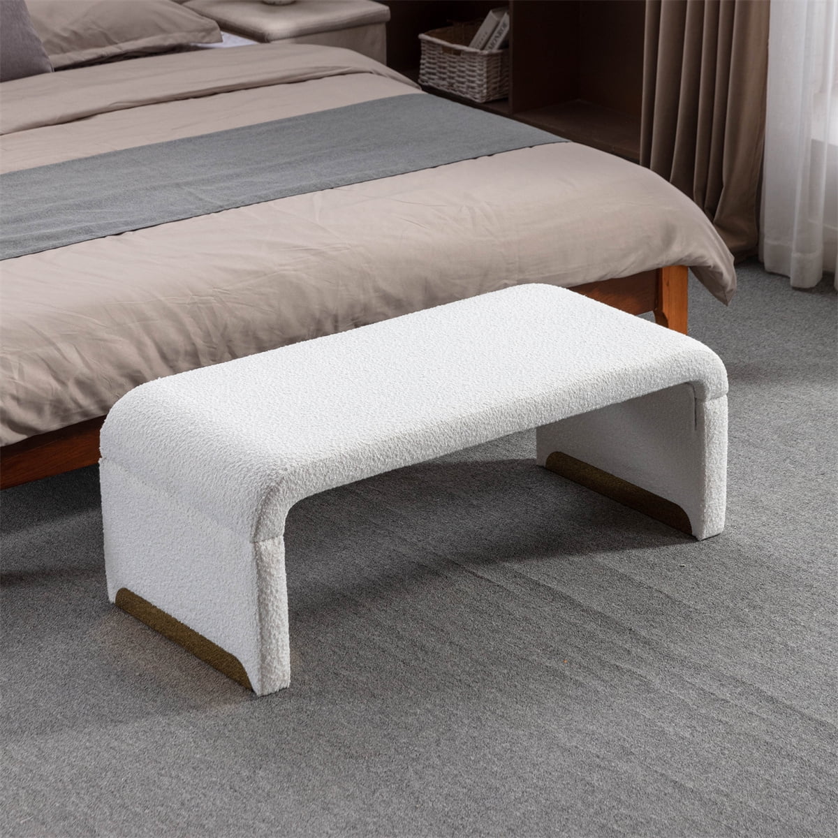 Upholstered Ottoman Bench Boucle Fabric Footstool Bedroom Bench