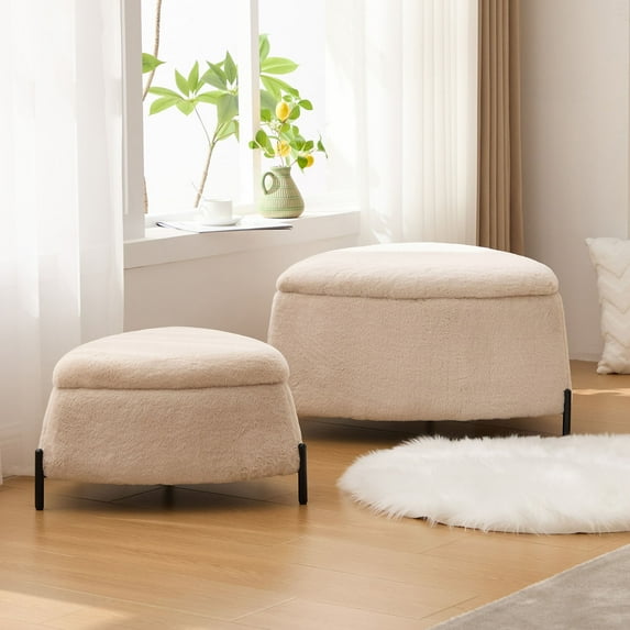 Upholstered Ottoman Set Featuring Cream Faux Fur and Metal Legs - Perfect Coffee Table and Storage
