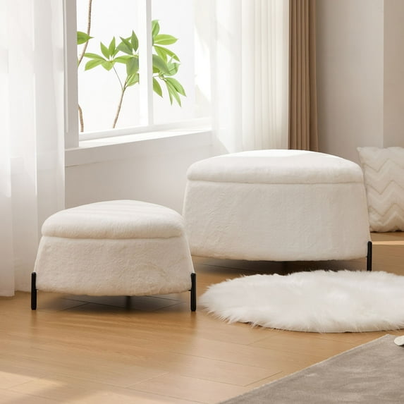 Upholstered Ottoman Set Featuring Cream Faux Fur and Metal Legs - Perfect Coffee Table and Storage