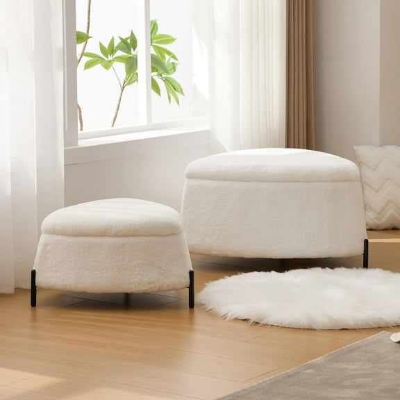 Upholstered Ottoman Set Featuring Cream Faux Fur and Metal Legs - Perfect Coffee Table and Storage