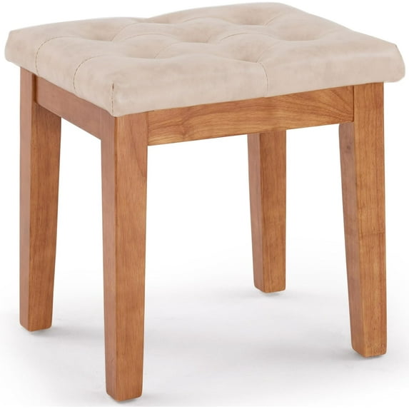 Upholstered Ottoman Stool with Padded Seat, Tufted Vanity Stool with Solid Wood Legs, Accent Stool, Faux Leather Ivory