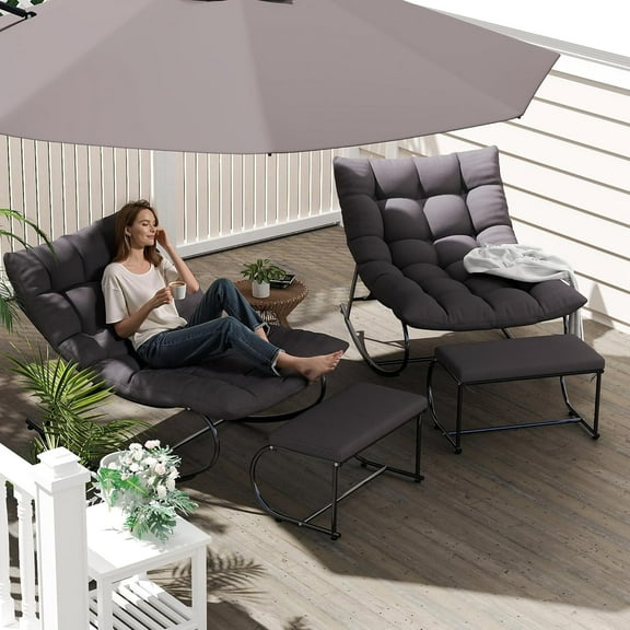 Upholstered Outdoor Rocking Chairs, Modern Patio Rocking Chair Set of 2 with Foot Rest, Study Metal Papasan Rocking Chair, Cozy Rockings Recliner Chair for Bedroom/Living Room/Lawn, Gray