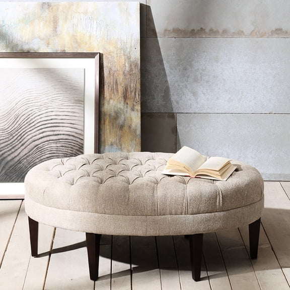 Upholstered Oval Footstool Ottoman | Relax and Decorate Home | Solid Wood Legs with Dark Finish | Good Weight Capacity