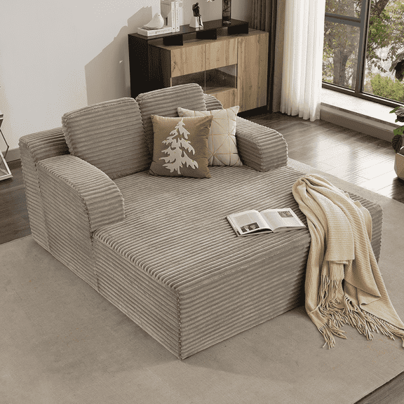 Aemeios 60"W Upholstered Oversized Chaise Lounge, Corduroy Sofa Bed Indoor With Armrests Sleeper Chair Bed for Living Room, Camel