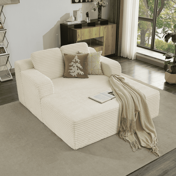 60"W Upholstered Oversized Chaise Lounge, Corduroy Sofa Bed Indoor With Armrests Sleeper Chair Bed For Living Room, Cream