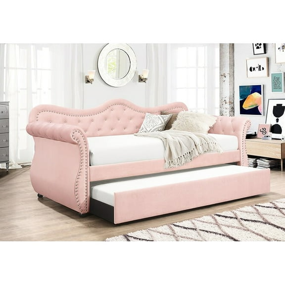 Upholstered Pink Daybed With Trundle - Wood Frame, Stylish Velvet, Relaxing Arm Rest And Velvet Cover Solid Build, Modern Armrest Design,
