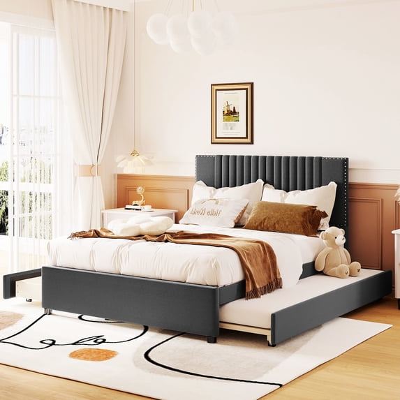 Upholstered Platform Bed With 2 Drawer Citations And Trundle In Gray, Classic Headboard , Solid Plywood Full Size Drawers & Appearance, Construction, Increase Bedroom Efficiency, Easy Assembly