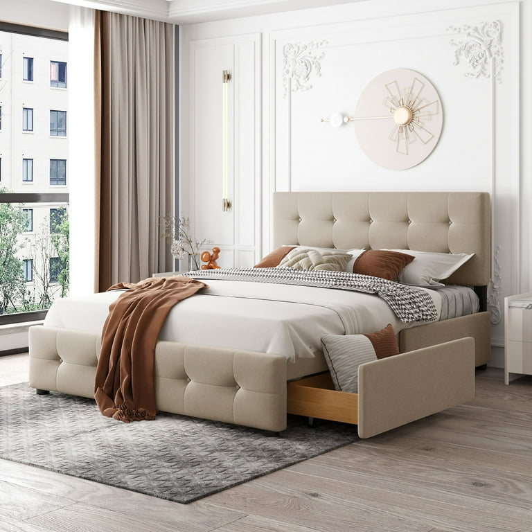 Upholstered Platform Bed with 4 Storage Drawers Wooden Queen Size