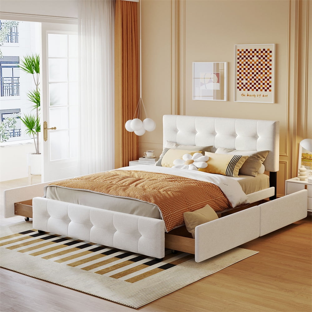 Upholstered Platform Bed with 4 Storage Drawers Wooden Queen Size Platform Bed Frame with Button Tufted Headboard Footboard Queen Size Bed with