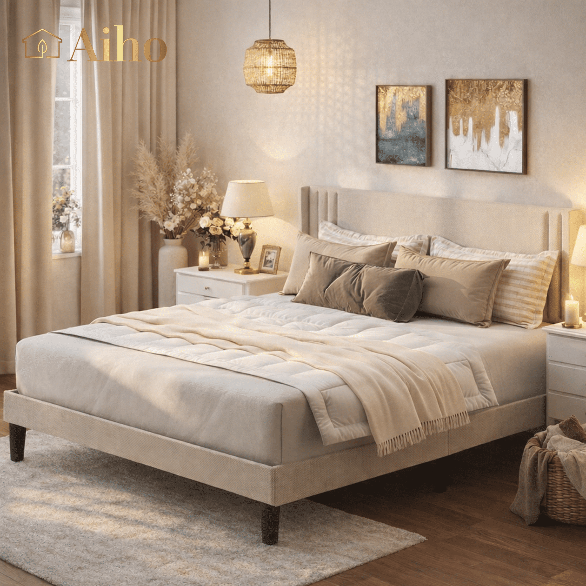 Aiho Full Size Bed Frame, Modern Upholstered Platform Bed with Wingback Headboard & No Box Spring Needed, Perfect for Bedroom, Beige