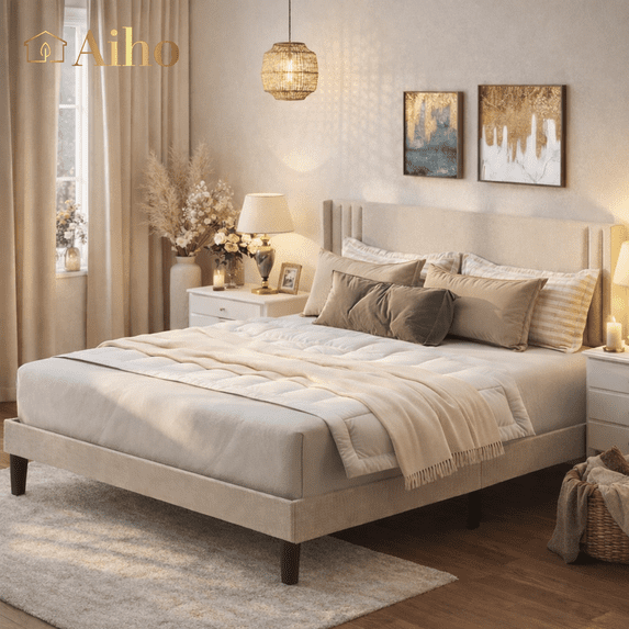 Aiho Full Size Bed Frame, Modern Upholstered Platform Bed with Wingback Headboard & No Box Spring Needed, Perfect for Bedroom, Beige