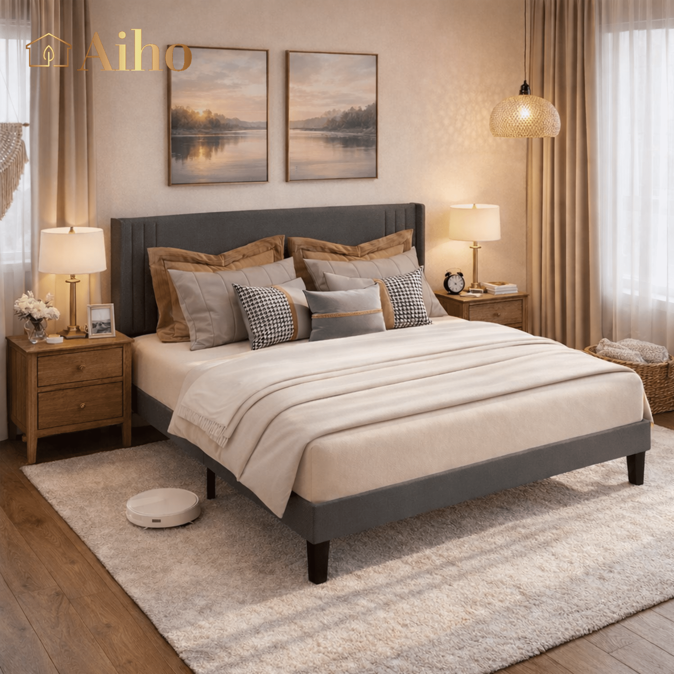 Upholstered Platform Bed, Aiho Queen Size Bed Frame with Modern Wingback Headboard & No Box Spring Needed, Perfect for Bedroom, Dark Gray