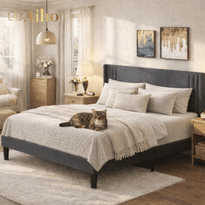 Aiho Full Size Bed Frame, Modern Upholstered Platform Bed with Wingback Headboard & No Box Spring Needed, Perfect for Bedroom, Dark Gray