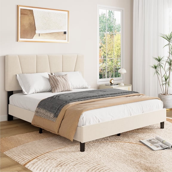 Upholstered Platform Bed Frame with 3-Level Adjustable Headboard – Sturdy Wood Slats, Noise-Free, Heavy Duty 1200 lbs, No Box Spring Needed, Easy Assembly, Beige, Queen Size