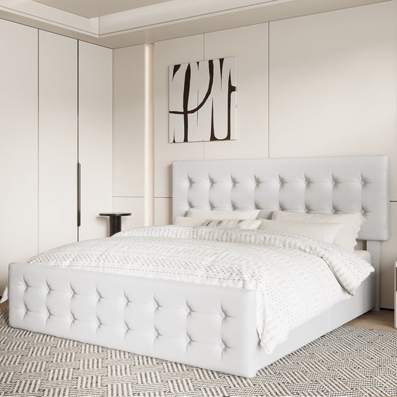 Upholstered Platform Bed Frame with 4 Storage Drawers - Adjustable Button Tufted Headboard - Sturdy Wooden Slats, No Box Season Needed - Modern Bedroom Furniture