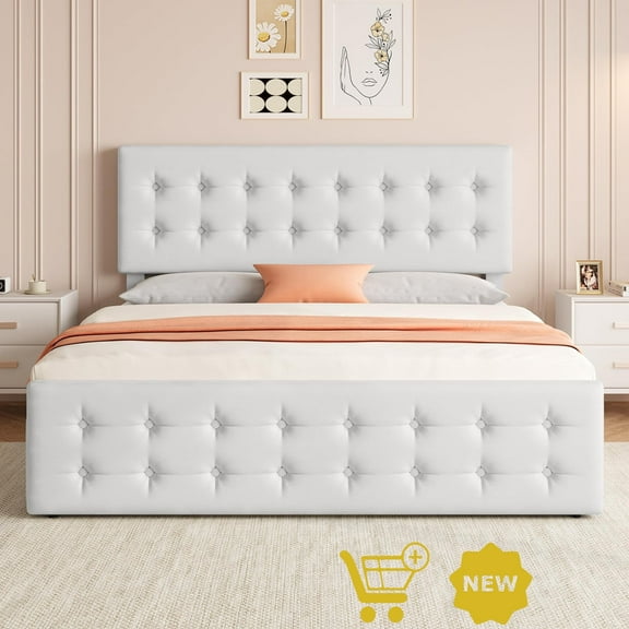 Upholstered Platform Bed Frame with 4 Storage Drawers, Adjustable Button-Tufted Linen Headboard, Wooden Slats Support, 1000 lbs Capacity, No Box Spring Needed