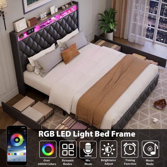 Upholstered Platform Bed Frame with 50.8'' Tall Headboard, 4 Storage Drawers, USB Charging, LED Lights, Noise-Free, Easy Assembly, Modern Bedroom Furniture, Black Glossy PU, QUEEN