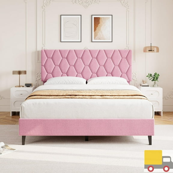 Upholstered Platform Bed Frame with Adjustable Headboard, Diamond Pattern, Strong Wood Slats, Noise-Free, No Box Spring Needed, Easy Assembly, Full, Pink