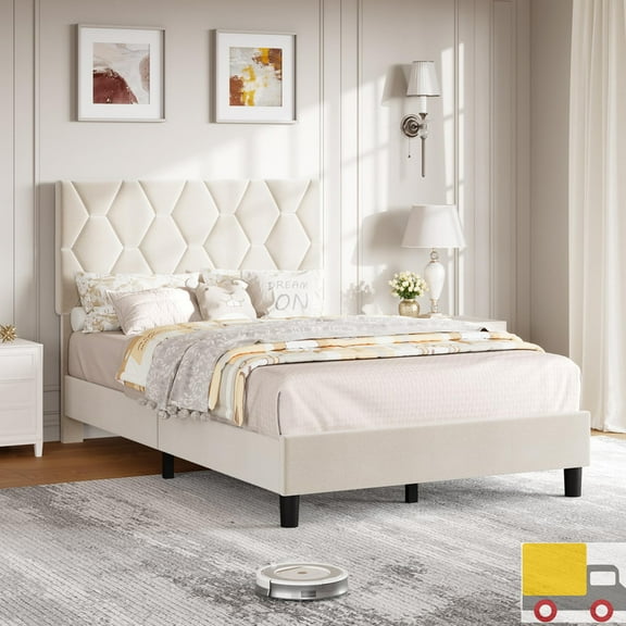 Upholstered Platform Bed Frame with Adjustable Headboard, Diamond Pattern, Strong Wood Slats, Noise-Free, No Box Spring Needed, Easy Assembly, Twin, Beige