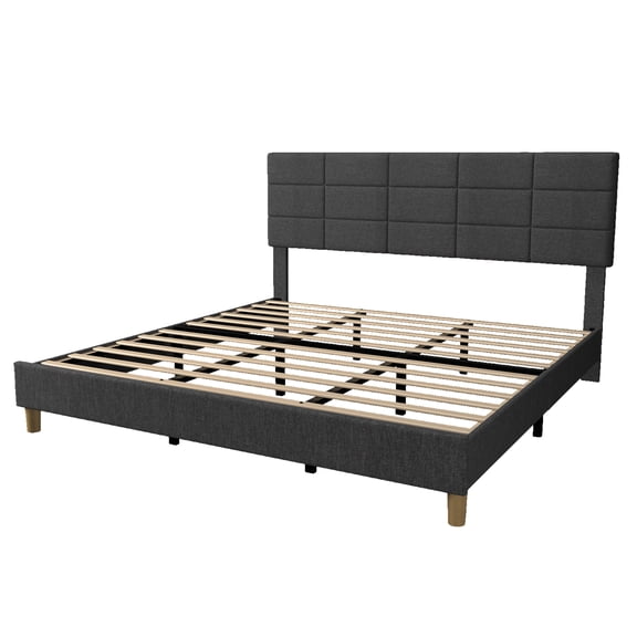 Upholstered Platform Bed Frame with Adjustable Headboard – Sturdy Wooden Slats, No Box Spring Needed, Noise-Free, Easy Assembly – Linen Fabric, Grey – Full/Queen Size