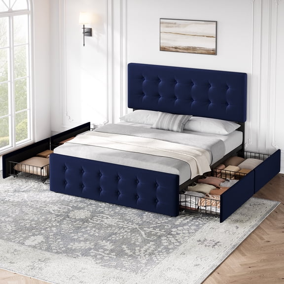 Upholstered Platform Bed Frame Full/Queen/King – 4 Under-Bed Drawers, Adjustable Headboard, 1,000 lbs Steel Frame – Linen/Faux Leather – No Box Spring – Grey/Black