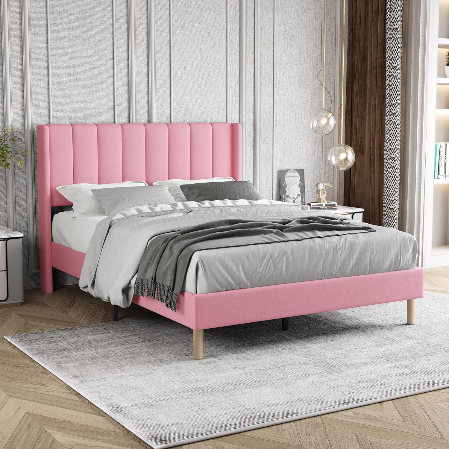 Upholstered Platform Bed Frame Full Size with Headboard Mattress