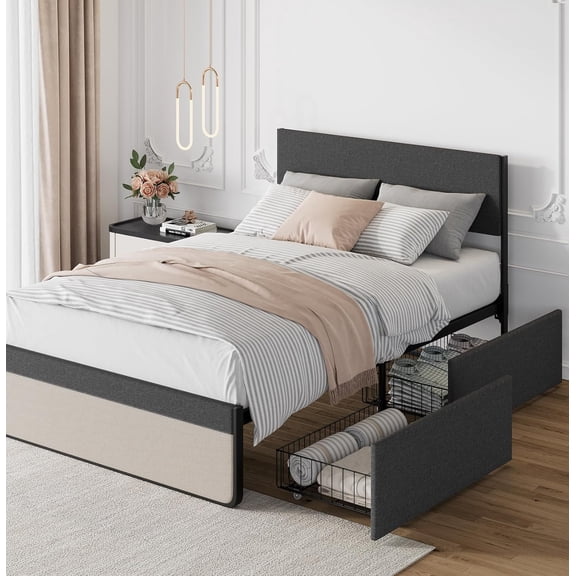 Upholstered Metal Platform Bed Frame with Two locking storage drawers for versatile under, Modular drawer placement fits various room layouts for Bedroom,Queen