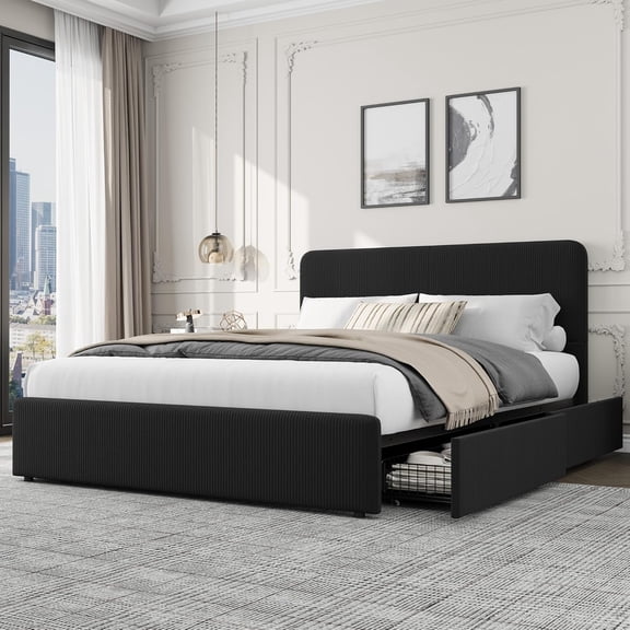 Upholstered Platform Bed Frame with Headboard, Faux Leather Low Profile Bed with Storage Drawers, Wood Slat Support, No Box Spring Needed, Easy Assembly