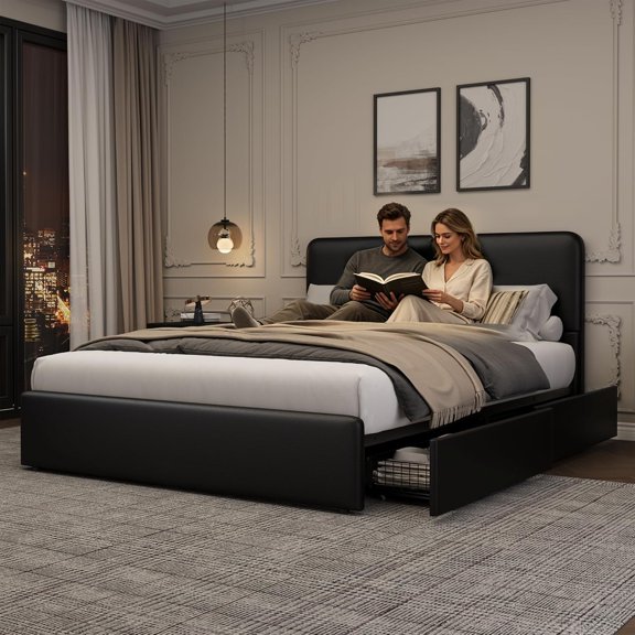 Upholstered Platform Bed Frame with Heavy-Duty Metal Frame, Dual Sliding Storage Drawers for Bedroom,Full,Black