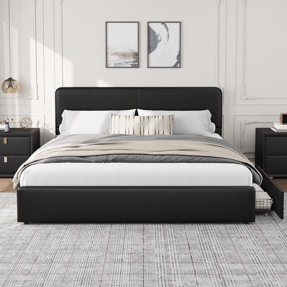 Upholstered Platform Bed Frame with Heavy-Duty Metal Frame, Dual Sliding Storage Drawers for Bedroom,King,Black