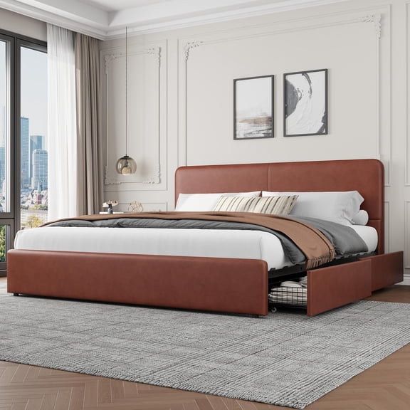 Upholstered Platform Bed Frame with Heavy-Duty Metal Frame, Dual Sliding Storage Drawers for Bedroom,King,Brown
