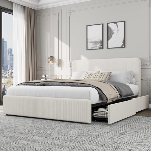 Upholstered Platform Bed Frame with Heavy-Duty Metal Frame, Dual Sliding Storage Drawers for Bedroom,Queen,Beige