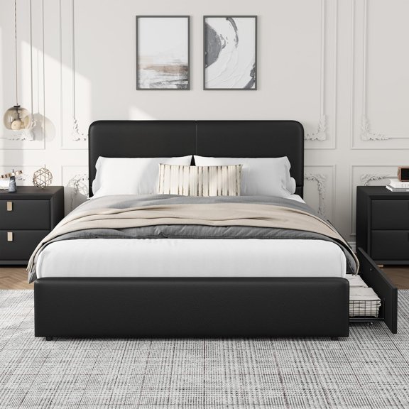 Upholstered Platform Bed Frame with Heavy-Duty Metal Frame, Dual Sliding Storage Drawers for Bedroom,Queen,Black
