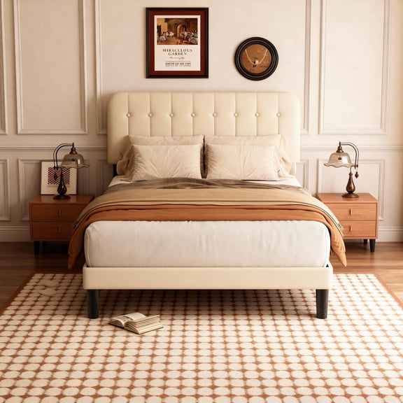 Upholstered Platform Bed Frame with Headboard, Sturdy Wooden Slats, Noise-Free, No Box Spring Needed, Easy Assembly, Modern Bedroom Furniture - King, Beige