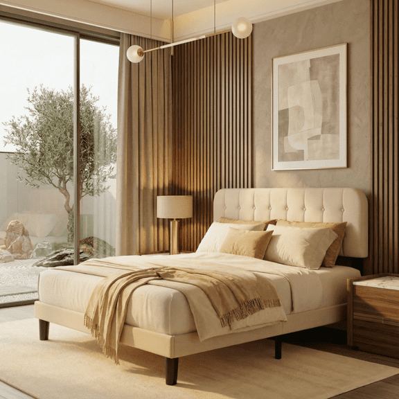 Upholstered Platform Bed Frame with Headboard, Sturdy Wooden Slats, Noise-Free, No Box Spring Needed, Easy Assembly, Modern Bedroom Furniture - King, Beige