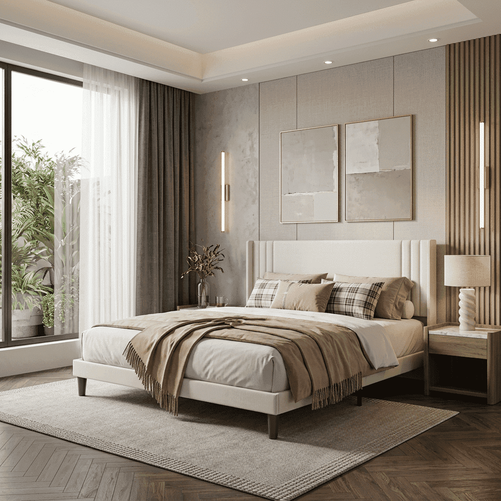Upholstered Platform Full Bed Frame with Headboard, Sturdy Wooden Slats, Noise-Free, No Box Spring Needed, Easy Assembly, Modern Bedroom Furniture - Full, Beige