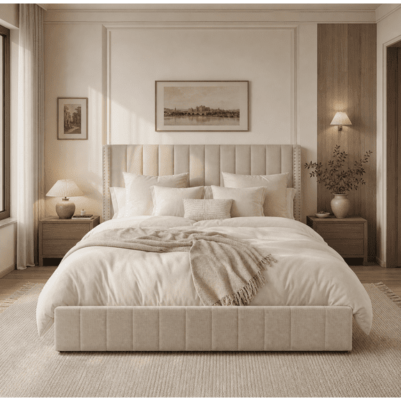 Queen Bed Frame with 4 Storage Drawers, Height Adjustable Headboard, Heavy Duty Metal Platform Bed, 880 lbs Capacity, No Box Spring Needed, Noise-Free, Beige