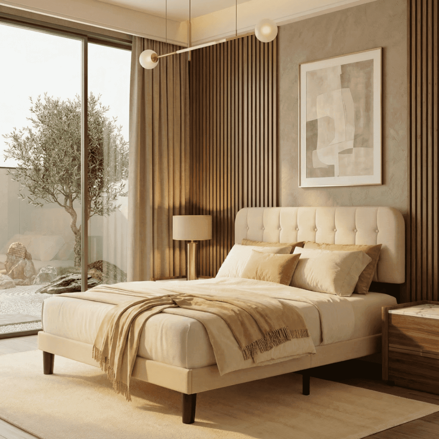 Upholstered Platform Bed Frame with Headboard, Sturdy Wooden Slats, Noise-Free, No Box Spring Needed, Easy Assembly, Modern Bedroom Furniture - King, Beige